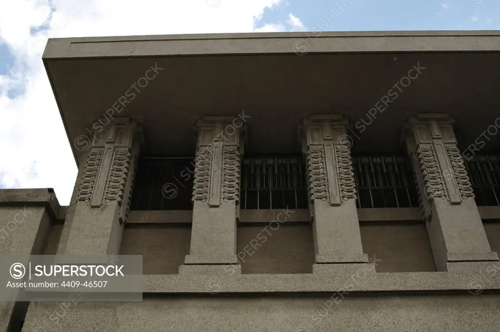 Frank Lloyd Wright (1867-1959). American architect and interior designer. Unity Temple, 1905-1907. Headquarters of the Unitarian Universalist Church. Exterior architectural detail. Oak Park. Near Chicago. State of Illinois. United States.