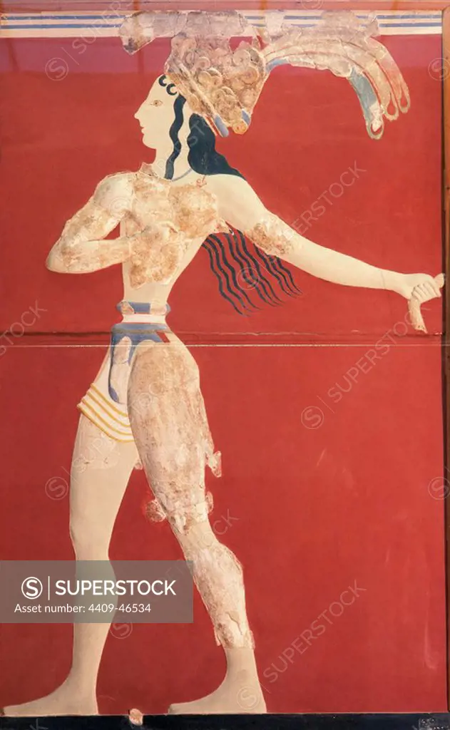 Minoan art. Crete. Prince of the Lilies. Dated circa 1550 BC. Brings the Minoan belt and headdress made __of lilies and peacock feathers. Fresco from the palace of Knossos. Heraklion Archaeological Museum. Crete.