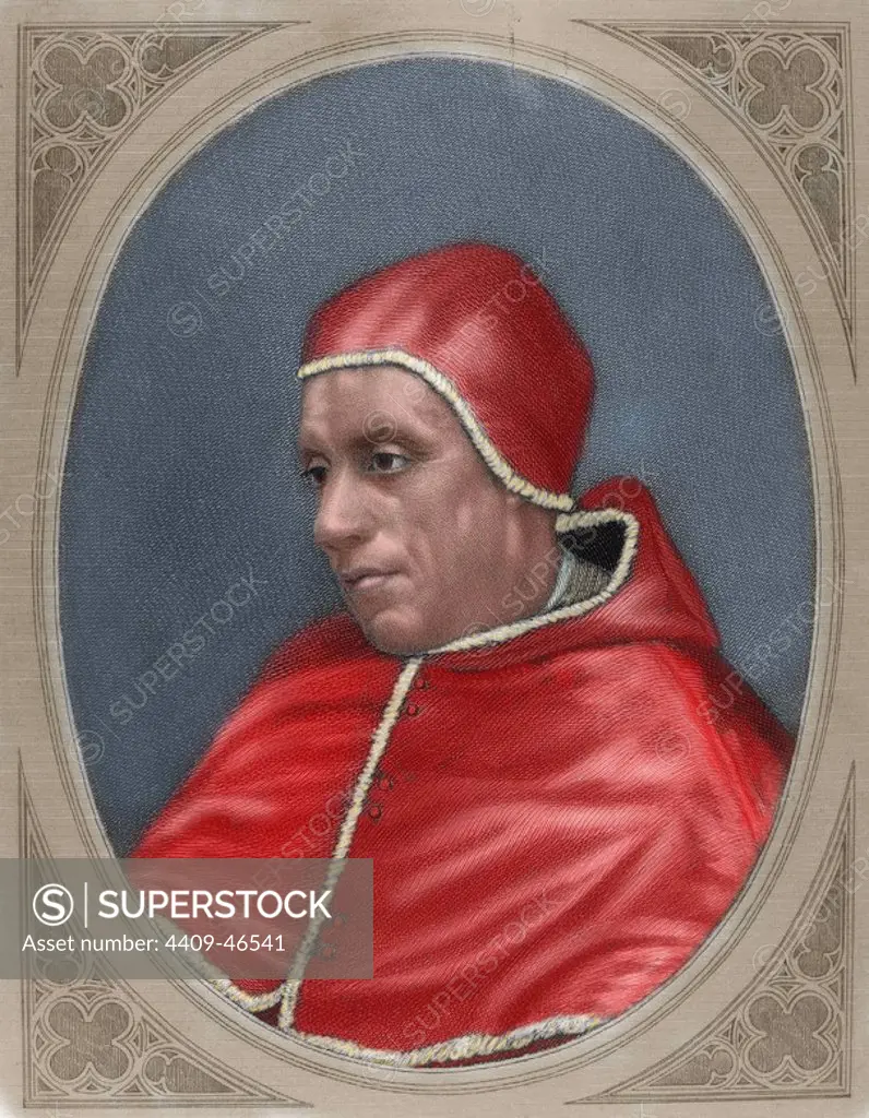Gregory XII, named Angelo Correr or Corraro (1325-1417). Pope between 1406 and 1415. Engraving. Colored.