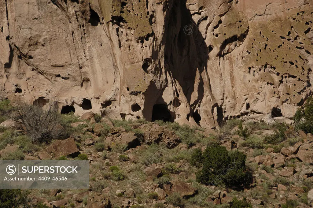 USA. Near Los Alamos. New Mexico. Bandelier National Monument. Multistory dwellings of Ancestral Pueblo People. Frijoles Canyon.