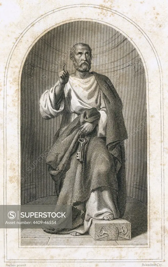 SAN PEDRO (Betsaida, ¿ -Roma, h. 64). Apóstol de Jesucristo y primer Papa de la Iglesia Católica. S. I. Grabado.