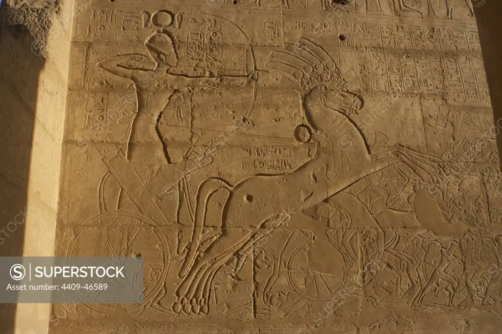 Relief depicting the battle of Kadesh (generally dated to 1274 b.C.) between the forces of the Egyptian Empire under Ramesses II and the Hittite Empire under Muwatalli II at the city of Kadesh on the Orontes River. Ramses II in his chariot. Ramesseum. 13th century. Nineteen dynasty. New Kingdom. Necropolis of Thebes. Valley of the kings. Egypt.