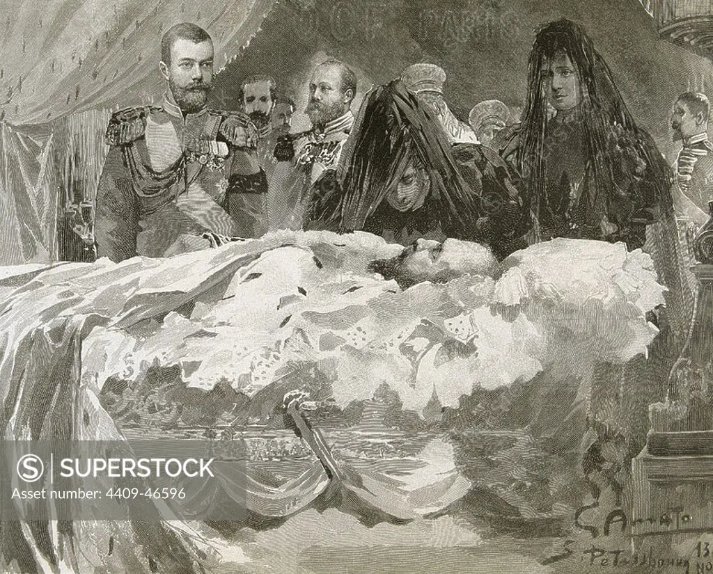 ALEJANDRO III (1845-1894). Zar de Rusia (1881-1894), hijo y sucesor de Alejandro II. "MUERTE DE ALEJANDRO III. LA FAMILIA IMPERIAL, CON EL FUTURO ZAR NICOLAS II". S. XIX. Grabado de 'L'Illustration'.