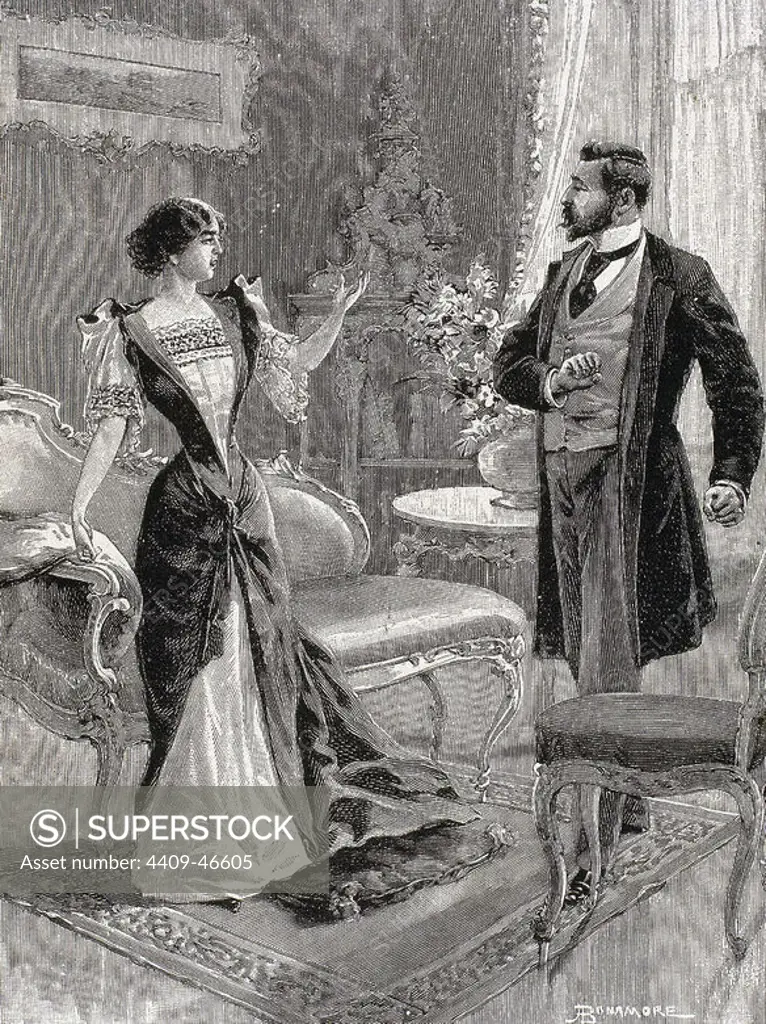 Bourgeoisie. Gentleman with a lady in the living room. Engraving. 1897.