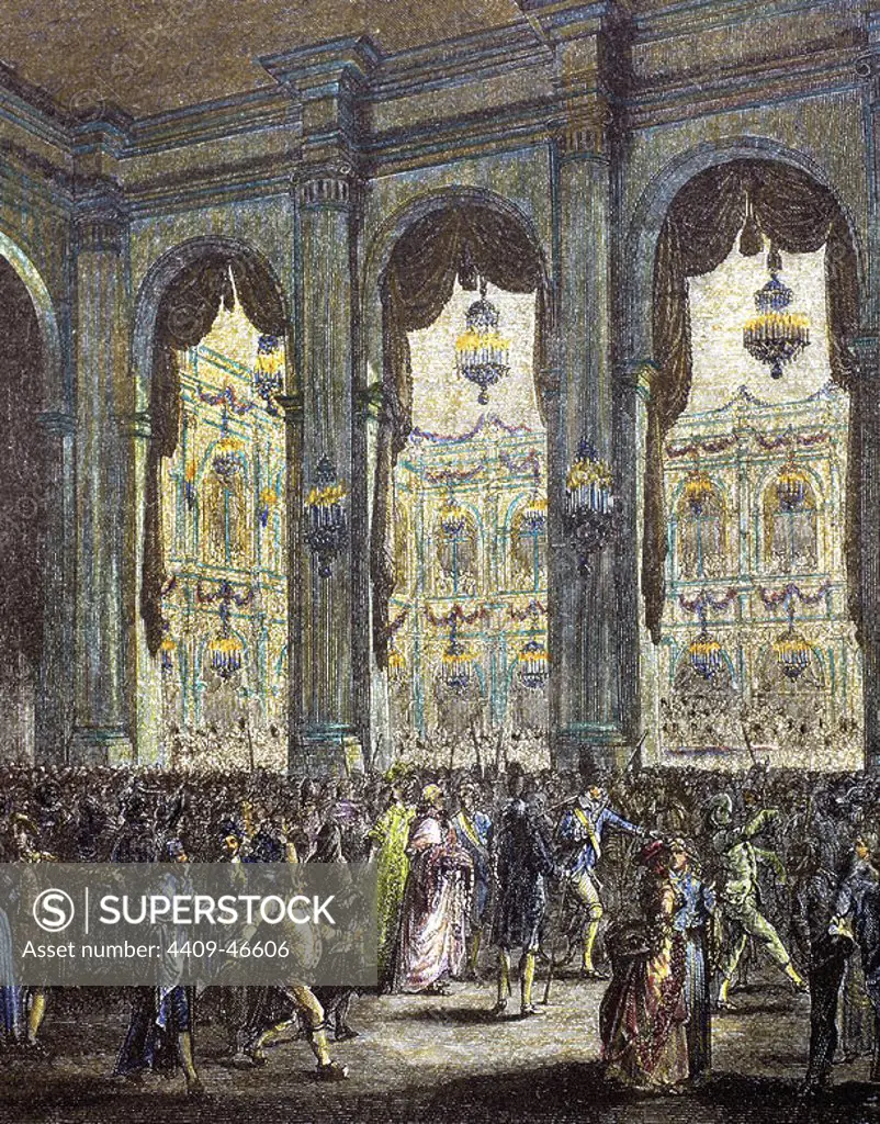 French history. 18th century. Masquerade ball. Party hosted by the city of Paris in honor of King Louis XVI. January 23, 1782. Engraving of "Paris to travers les ages". Colored.