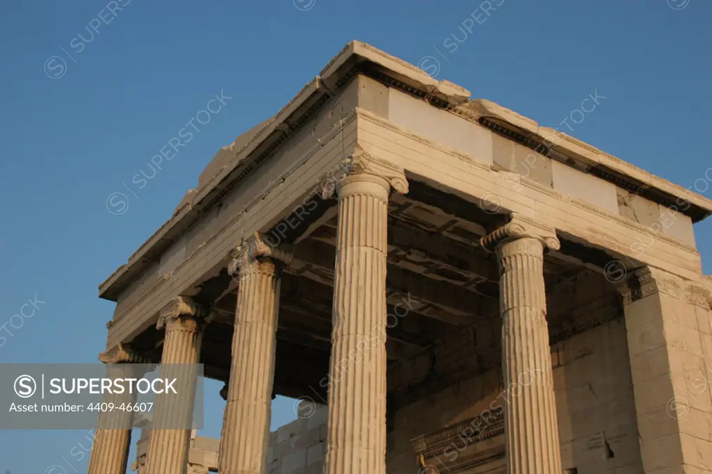 Greek Art. Erechtheion. Temple ionic. Was built between 421 - 407 BC. Acropolis. Athens. Attica. Central Greece.