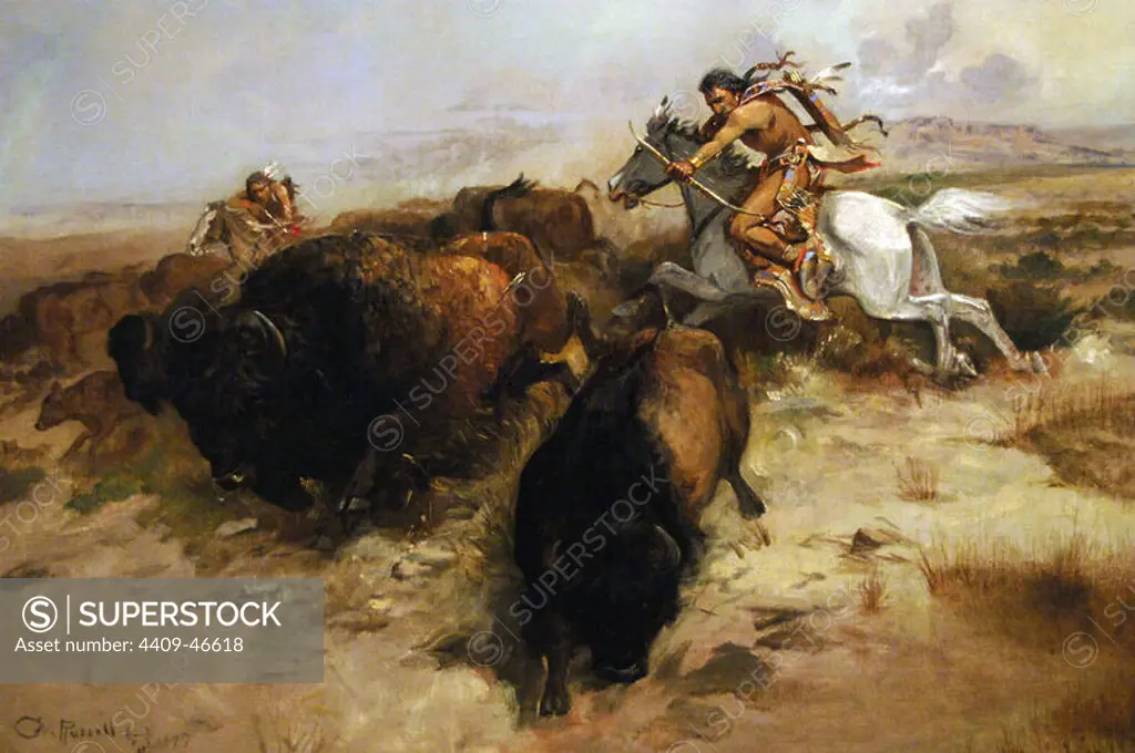 ARTE SIGLO XX. ESTADOS UNIDOS. CHARLES MARION RUSSELL (1864-1926). "CAZA DEL BUFALO" (1897). Oleo sobre lienzo. Museo de Arte de DENVER. Estado de Colorado.