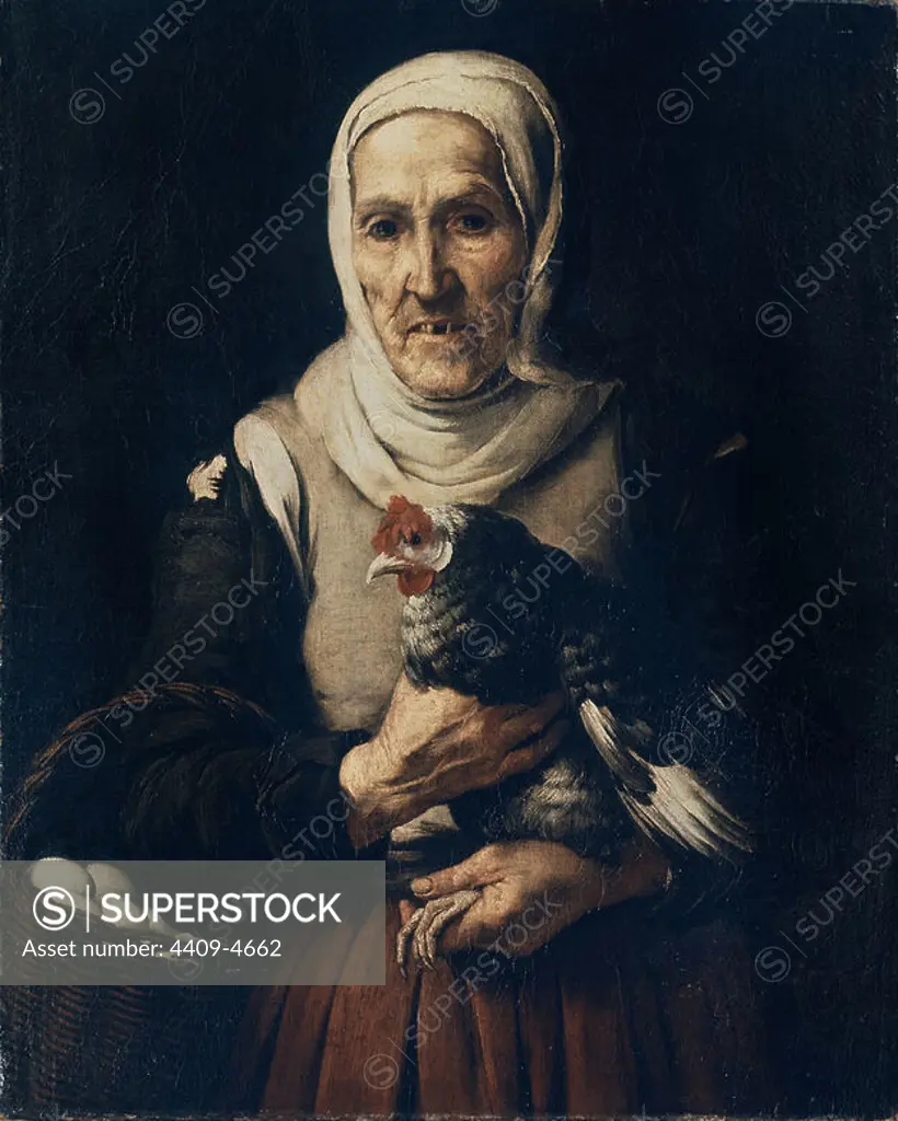 OLD WOMAN WITH CHIKEN - XVII CENTURY - SPANISH BAROQUE. Author: BARTOLOME ESTEBAN MURILLO. Location: ALTE PINAKOTHEK. MUNICH. GERMANY.