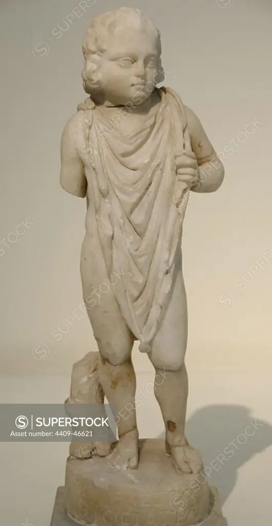 Statue of Telesphorus (3rd century) depicted as a child. Pentelic marble. From the Sanctuary of Asclepius at Epidaurus. National Archaeological Museum. Athens. Greece.