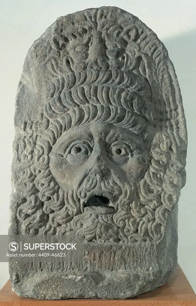 Roman tragic mask. Stone. 1st-2nd century AD. Found in the walls of Barcelona. Archaeological Museum of Catalonia. Barcelona. Spain.