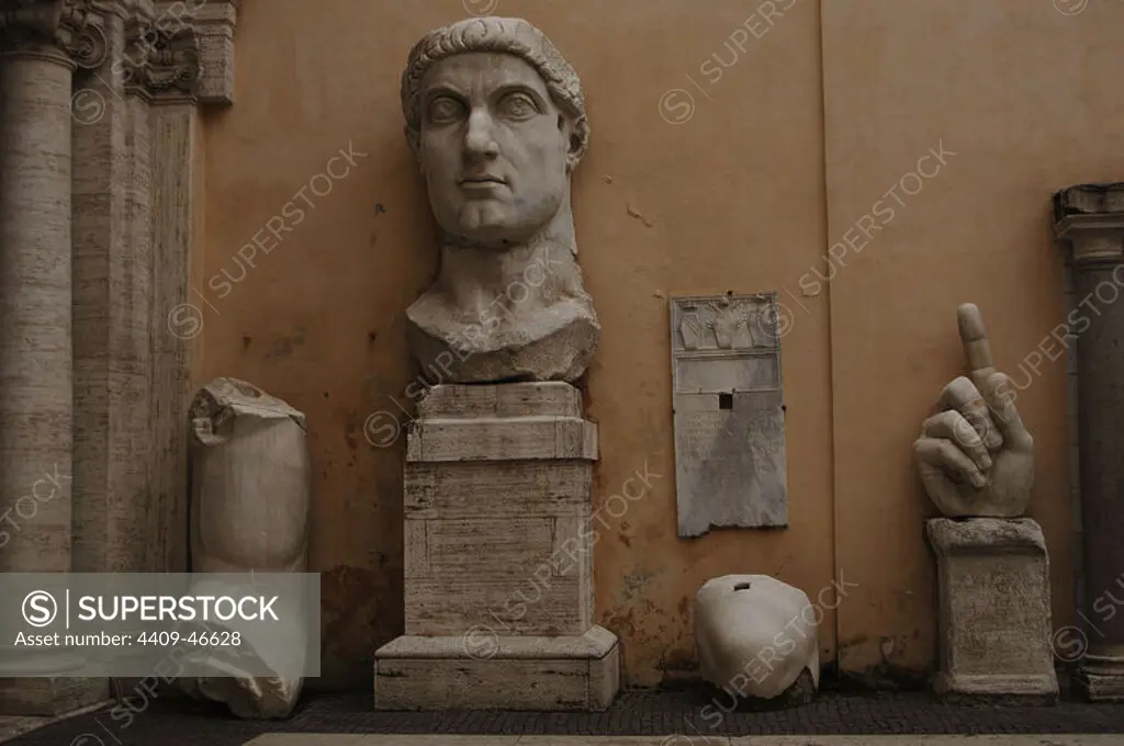 Constantine the Great (Flavius Valerius Aurelius Constantinus Augustus) (272-337). Roman Emperor from 306-337. Know for being the first roman emperor to convert to christianity. Head of Constantine's colossal statue. Capitoline Museums. Rome. Italy.