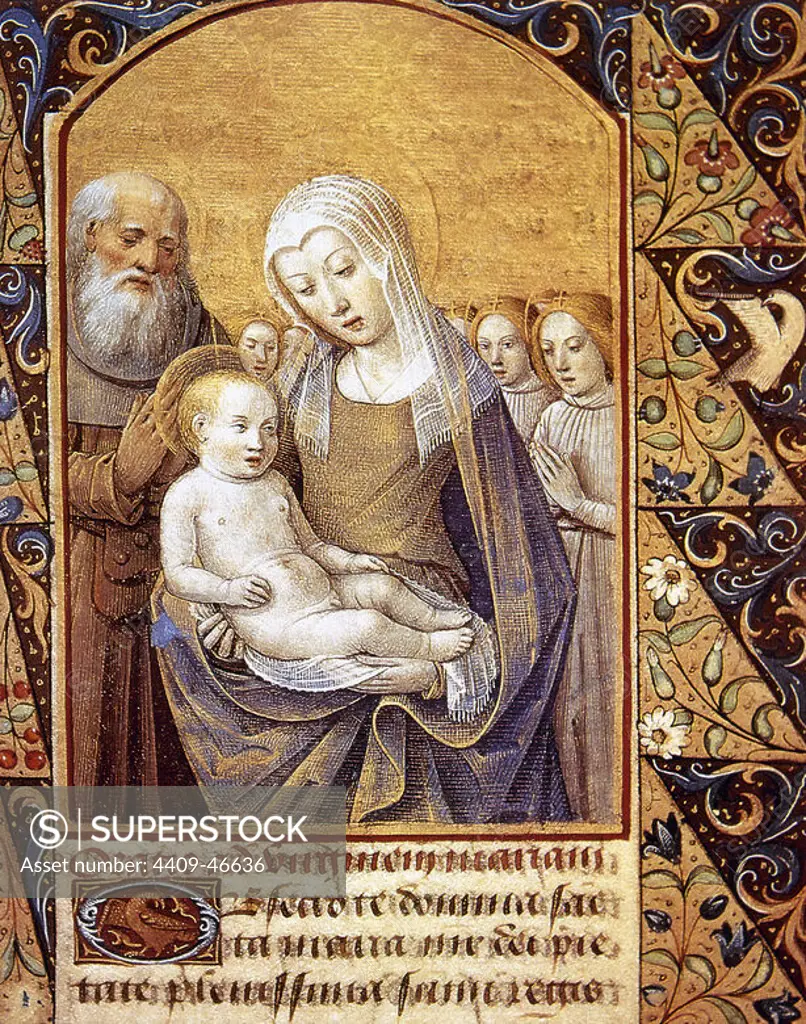 The Virgin Mary with Infant Jesus, Saint Joseph and angels. Miniature. Book of Hours. Life of the Virgin. 15th century. Vatican Apostolic Library. Vatican City.