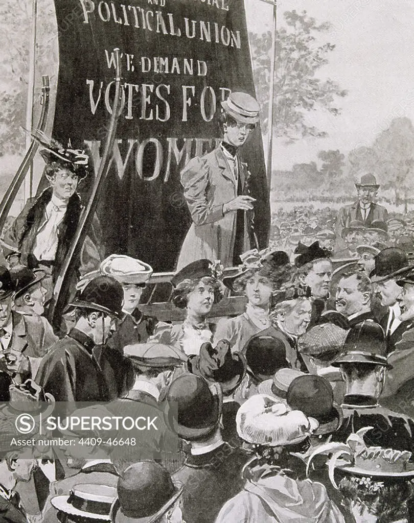 England. Suffragettes. A candidate addressing voters. Engraving.