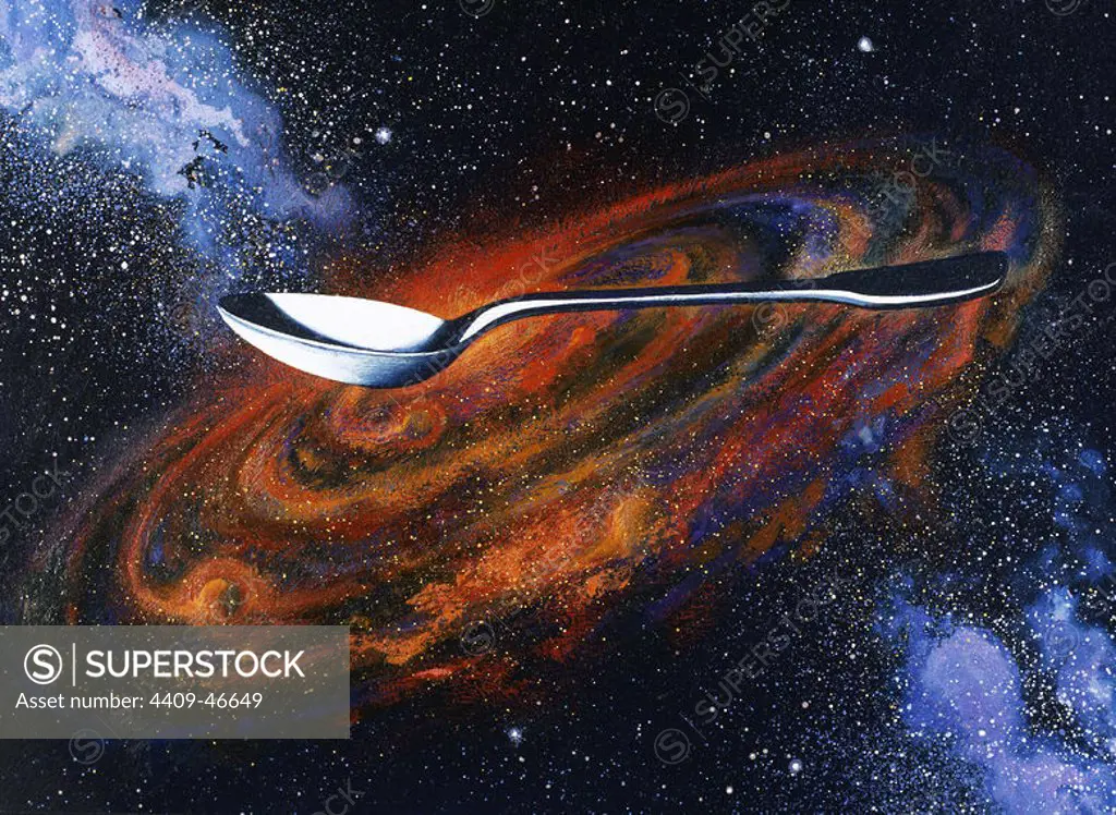 Colored engraving depicting the phrase: "if we could compress the real matter in the universe could be all in one teaspoon".