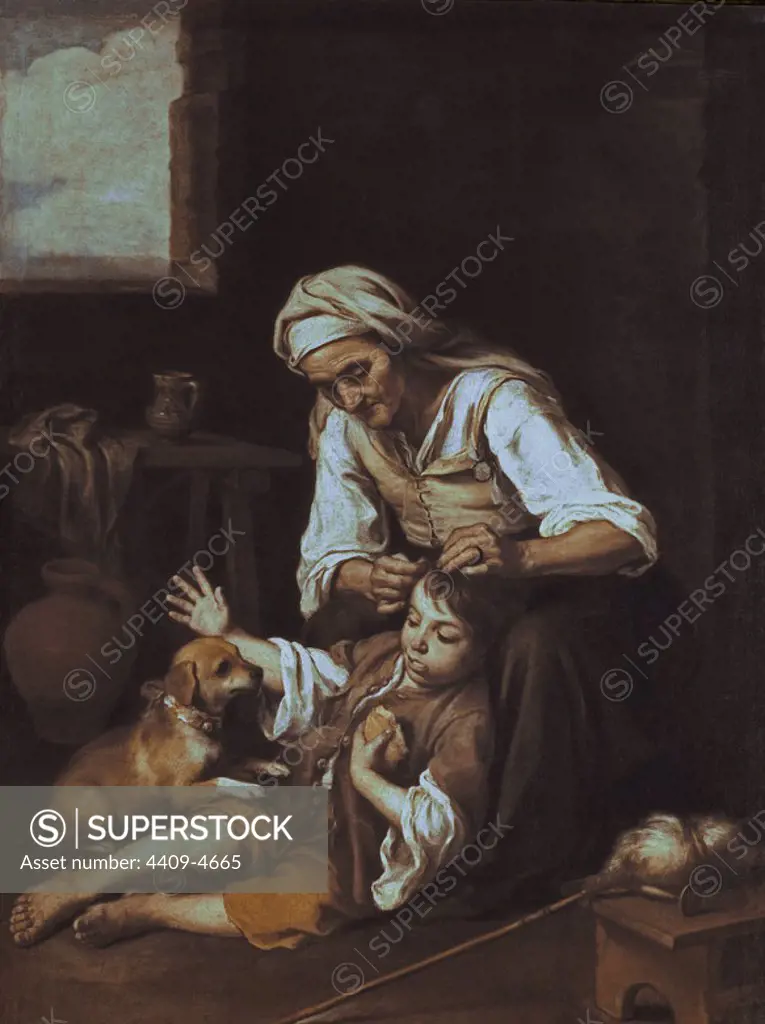 Old Woman looking for louses in a boy's hair. Vieja espulgando a un niño. 17th century. Baroque painting. Sevillan school. Munich, Former art gallery. Author: BARTOLOME ESTEBAN MURILLO. Location: ALTE PINAKOTHEK. MUNICH. GERMANY.