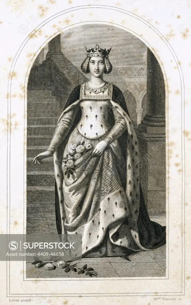 SANTA ISABEL DE PORTUGAL (1271-1336). Hija de Pedro III de Aragón y nieta de Jaime I el Conquistador. Fue reina de Portugal al contraer matrimonio con el monarca luso Dionisio. Siglos XIII-XIV. Grabado del siglo XIX.