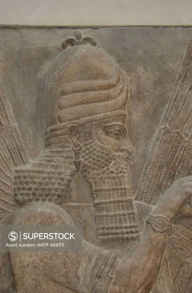 Assyrian Art. "Lamasu" or Bull-man. Reliefs from Sargon II's Palace. Genius. Dur-Sharrukin (Khorsabad). Assyria, 721-705 BC. Alabaster. 8th century BC. Louvre Museum. Paris. France.