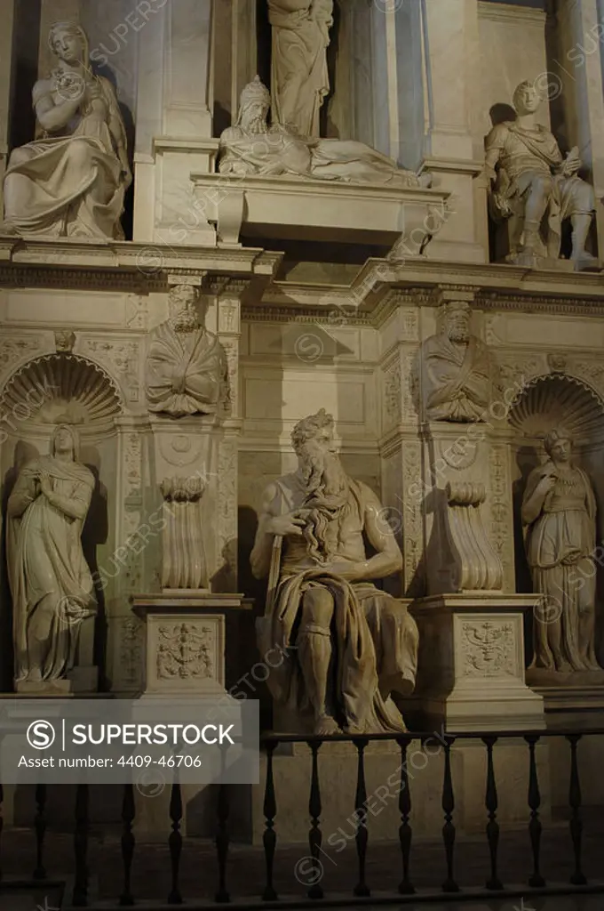 Tomb of Pope Julius II (1443-1513). 1505-1545. Built by Michelangelo (Michelangelo Buonarroti) (1475-1564) and his assistants. San Pietro in Vincoli Church. Rome. Italy.