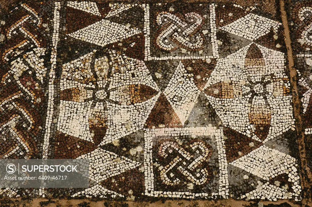 Roman Villa of Pisoes. Mosaic floor depicting geometric motifs. Portugal. The Alentejo. Beja.