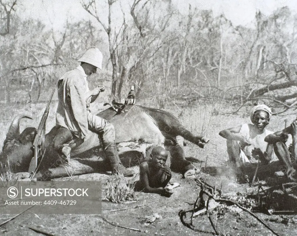 Colonialism. Africa. Eating after the buffalo hunt, 1908.