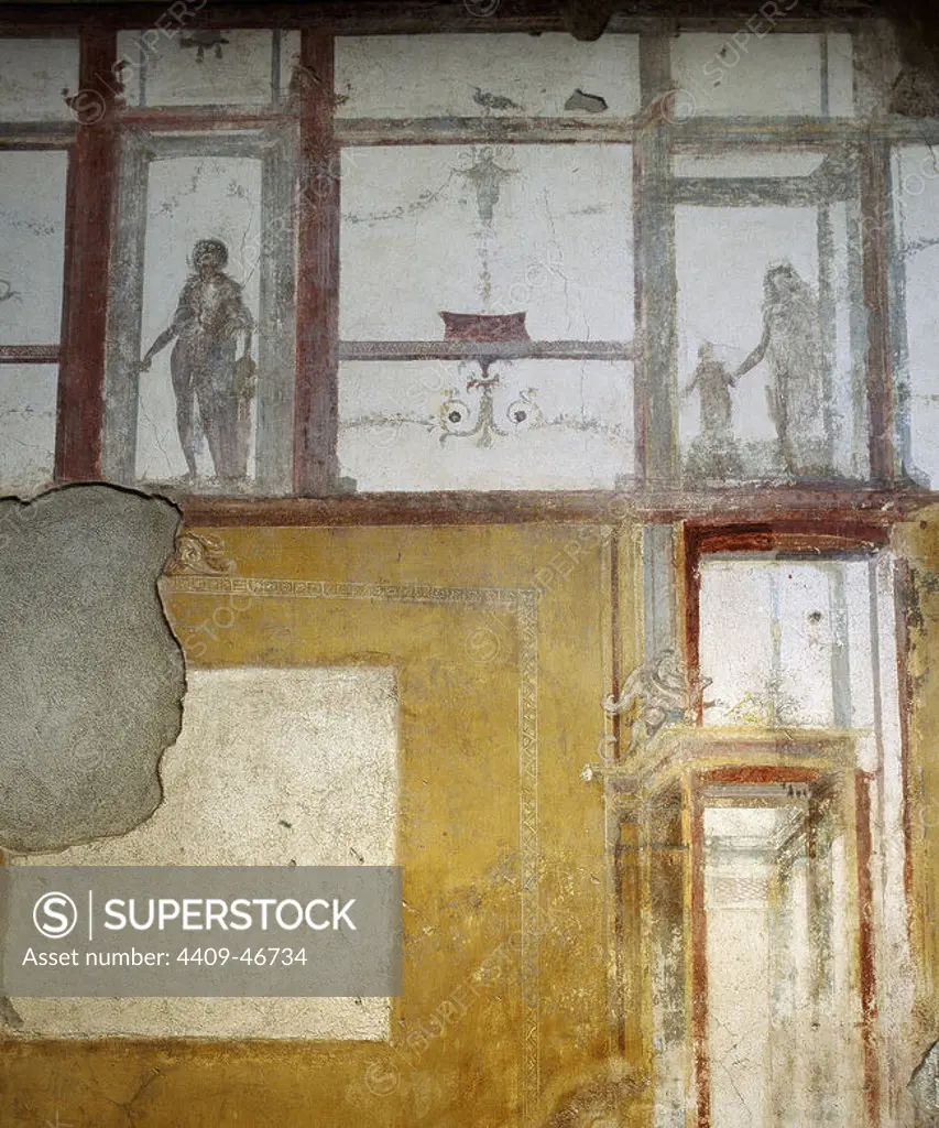 Pompeii. House of the Lararium of Achilles or House of the Ilion Sanctuary. Room 4. South wall. Paintings. Campania, Italy.