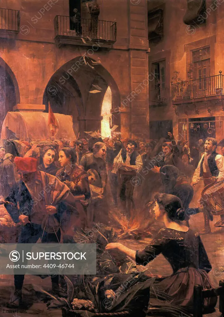 Spanish War of Independence (1808-1814). "Burning of the sealed French paper in the main square of Manresa", 1895. Painting by Francesc Cuixart i Barjau (Berga, 1875-Manresa, 1927). On June 4, 1808 French soldiers under Schwart's command left Barcelona to punish the city of Manresa for burning sealed French paper which bored the seal of validity of the lieutenant general of the kingdom, Marshal Joachim Murat. It had been imposed for the entire territory by Napoleonic authority. Town Hall of Manresa. Province of Barcelona, Catalonia, Spain.