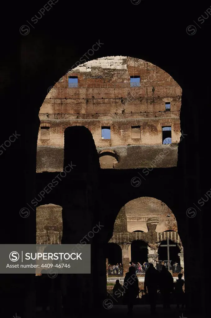 Flavian Amphitheatre or Coliseum. Roman period. Built in 70-80 CE, Flavian dynasty. Detail.
