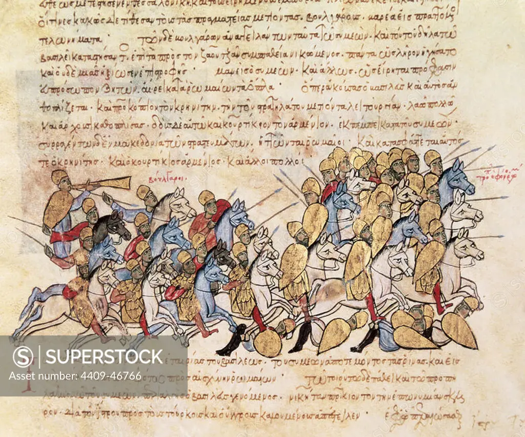 John Skylitzes. Synopsis of Histories. Battle between Hungarians and Bulgarians of Simeon I the Great (864-927) won by the Hungarians. Codex of the 12th century. National Library. Madrid. Spain.