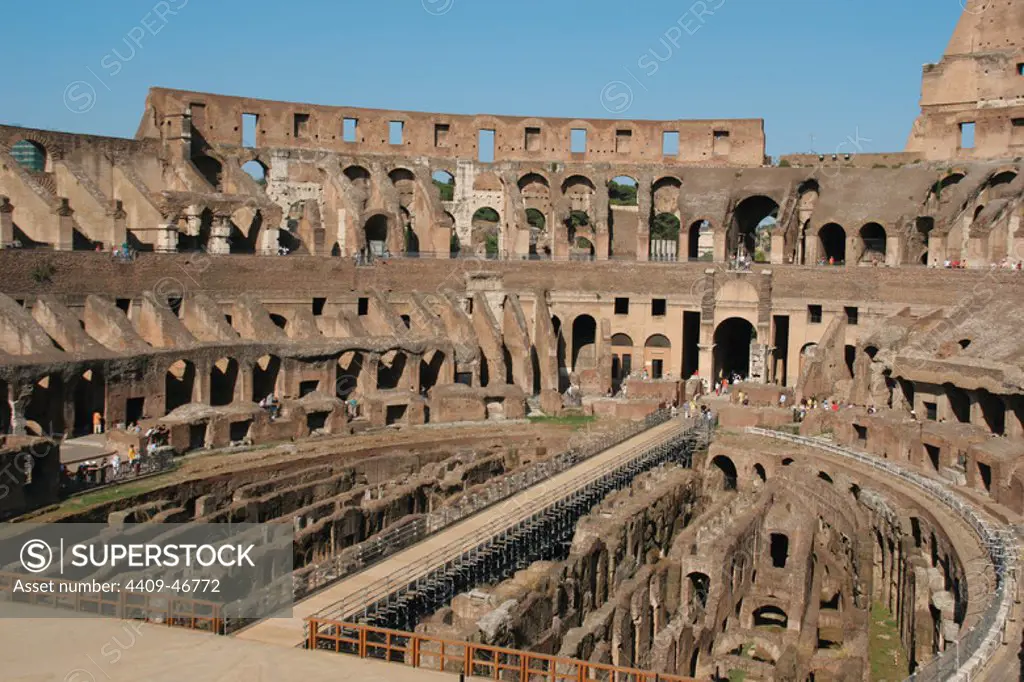 Roman Art. The Colosseum (Coliseum) or Flavian Amphitheatre. Its construction started between 70 and 72 AD under emperor Vespasian. Was completed in 80 AD under emperor Titus. View insede building. Rome. Italy. Europe.
