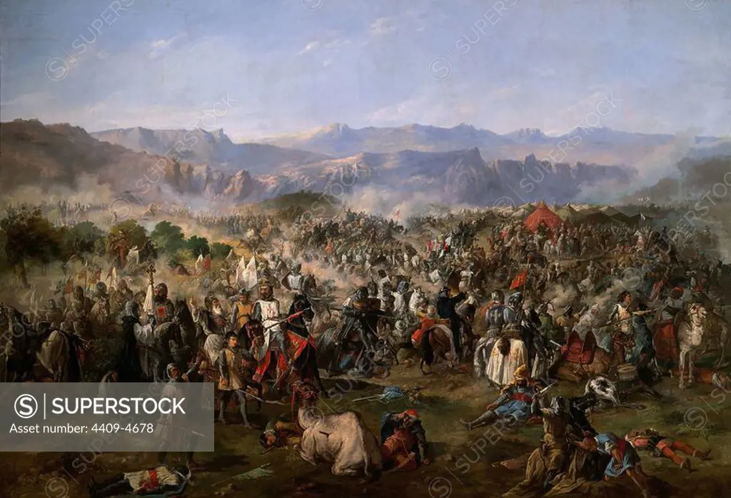 Battle of las navas de Tolosa, won by Alphonse VIII against the Moors on the 16 July 1212. Oil on canvas. Madridn Senate. Author: FRANCISCO DE PAULA VAN HALEN (1810-1887). Location: SENADO-PINTURA. MADRID. SPAIN. LOPEZ DE HARO DIEGO EL BUENO. PEDRO II OF ARAGÓN (1178-1213). ALFONSO VIII DE CASTILLA (1155-1214). SANCHO VII EL FUERTE DE NAVARRA (1154-1234).
