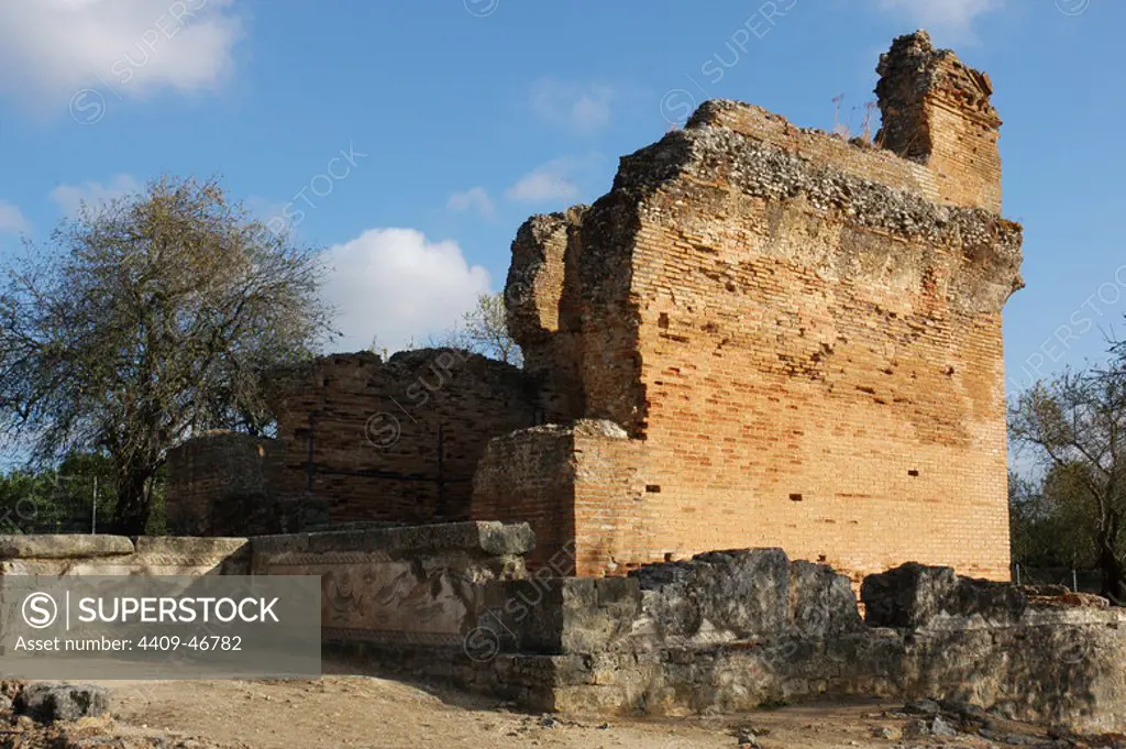 Ruins of Milreu. Roman Villa (1st - 4th century A.D.). Religious building of the fourth century A.D. Estoi, near Faro. Algarve. Portugal.