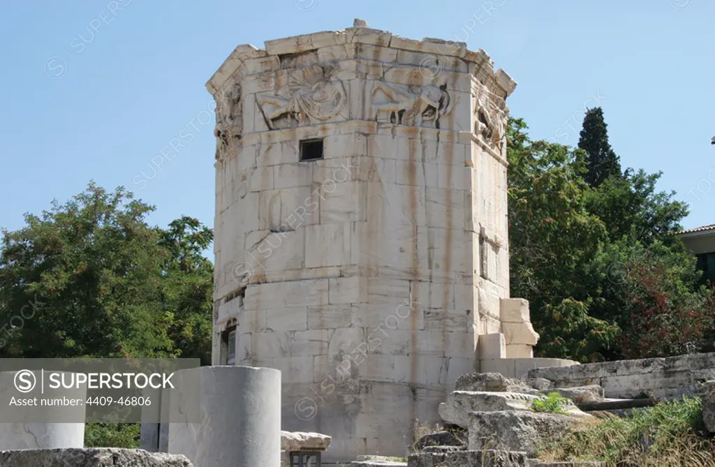 Roman Art. Tower of the Winds (Horologion). Octogonal pentelic marble clocktower on the Roman Agora. I was supposedly built by Andronicus of Cyrrhus Around 50 BC. Athens. Central Greece. Attica. Europe.
