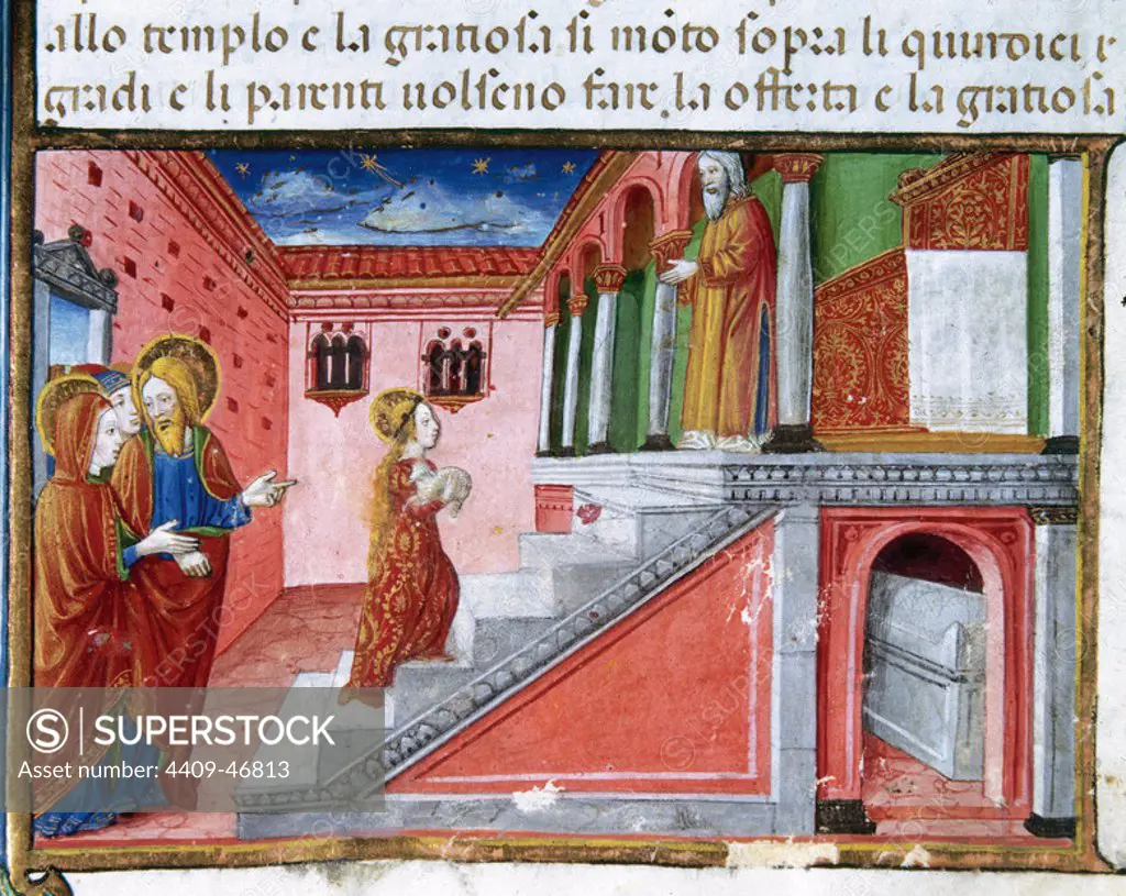 Offering of Mary at the temple. Codex of Predis (1476). Royal Library. Turin. Italy.
