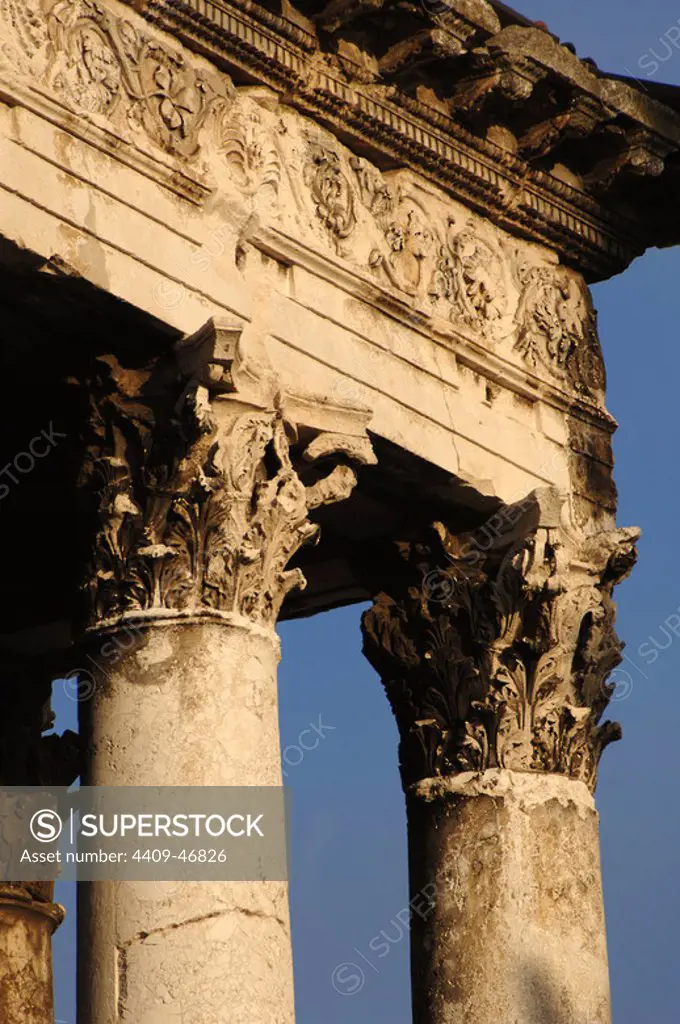 Temple of Augustus, dedicated to the goddess Roma and the emperor Augustus. It was built between the year 2 B.C. and 14 A.D. After being completely destroyed during World War II, was rebuilt between 1945 and 1947. Detail. PULA. Istrian Peninsula. Croatia.