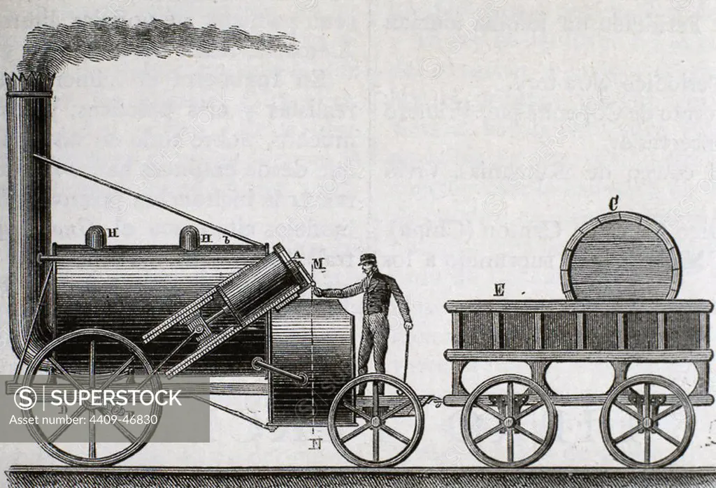 "The Rocket". Locomotive designed by British engineer and inventor George Stephenson (1781-1848). It was the first that covered the journey with passengers between the cities of Liverpool and Manchester (year 1830), at an average speed of 30 km / h. Engraving 19th century.