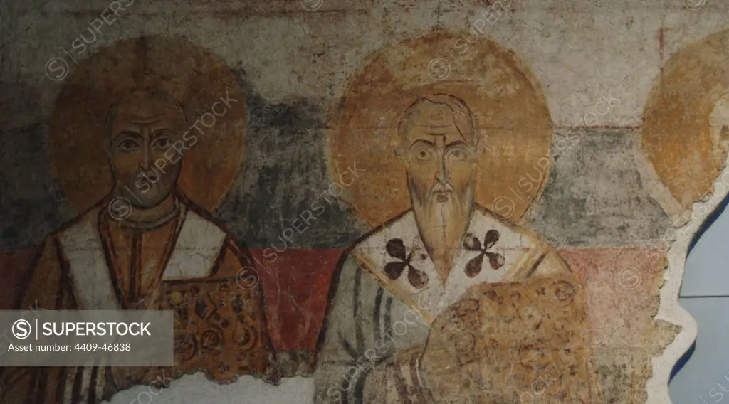 Fragment of fresco with decoratotion in three horizontal bads. Detail: Fathers of the church. National Roman Museum (Cryta Balbi) Rome, Italy.