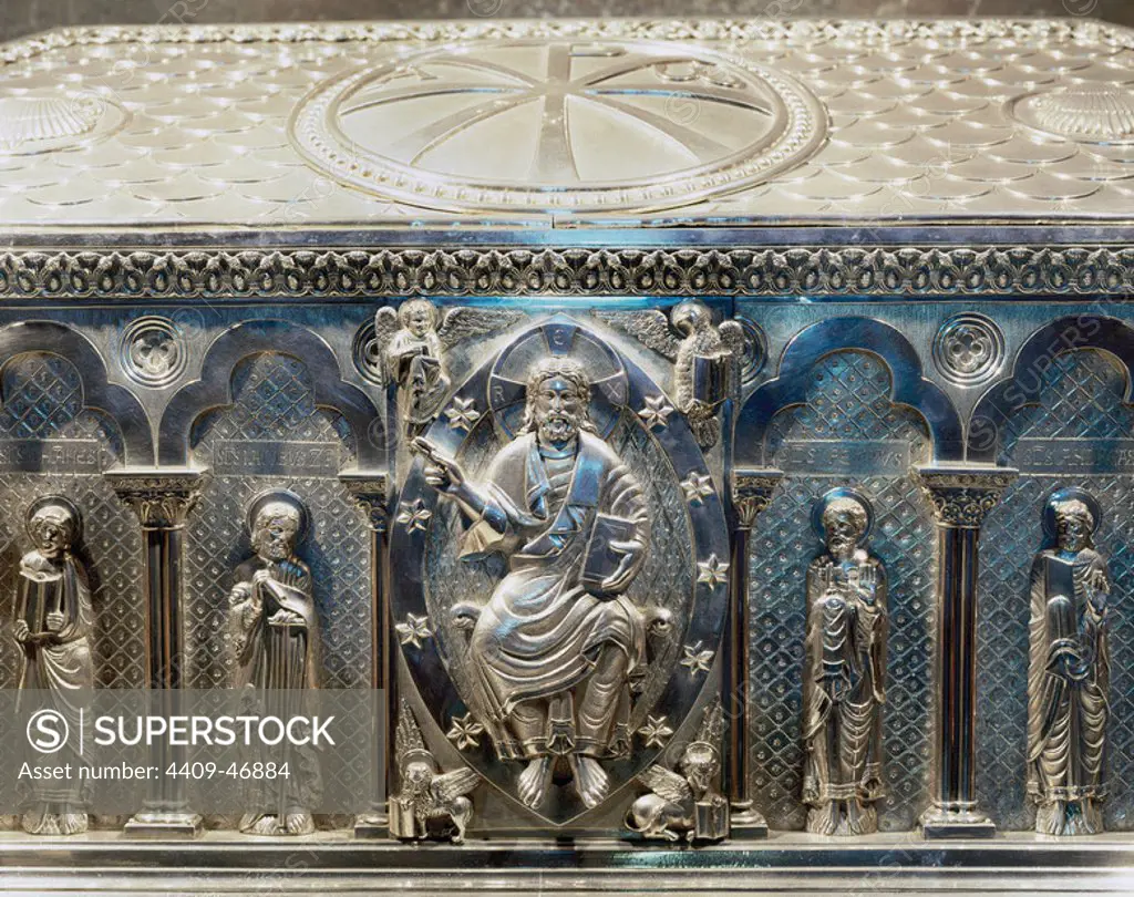 Spain. Galicia. Santiago de Compostela. Cathedral. The silver coffer holding the remains of St. James. Crypt. Built in 19th century. Detail Christ pantocrator.