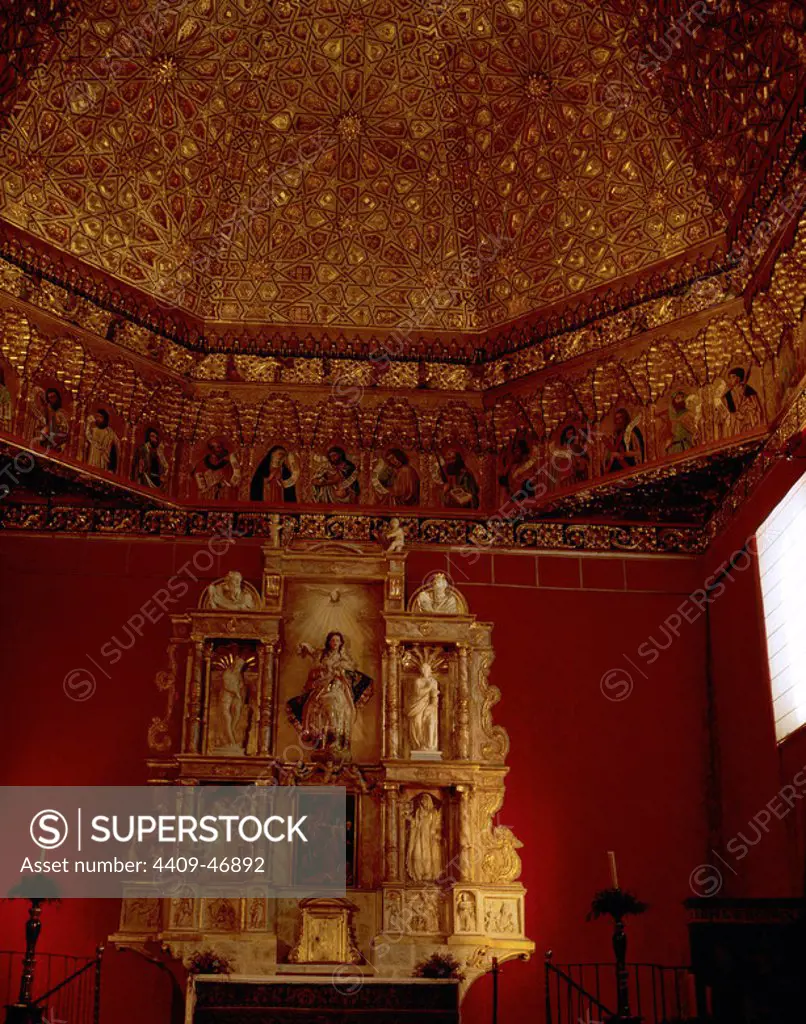 Gothic Art. Spain. Tordesillas. Royal Monastery of Santa Cruz and Santa Clara. Chapel. Detail of the coffered ceiling of the church erected in 1430.