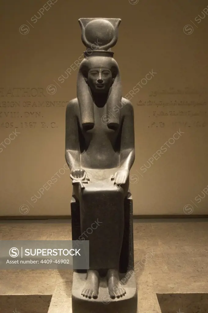 Egyptian Art. Statue of the goddess Hathor, depicted with cow horns and solar disk. Comes from the Temple of Luxor. Luxor Museum. Egypt.