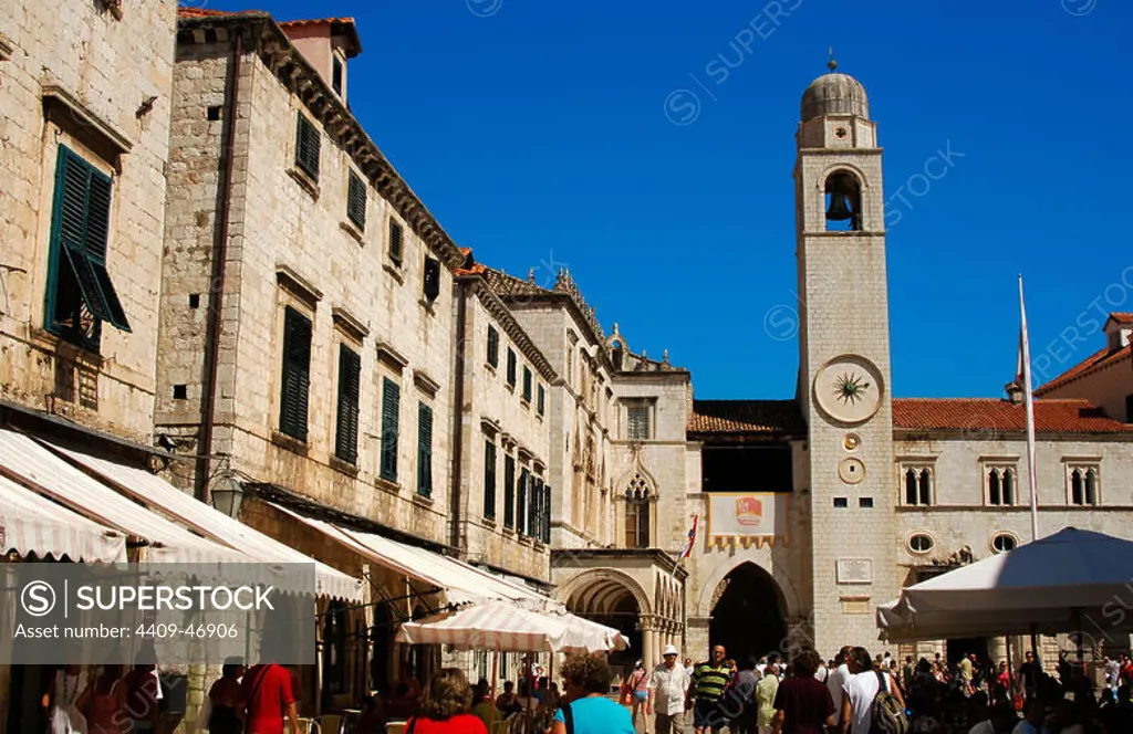 CROATIA. DUBROVNIK. View of main street buildings in the old town with the Clock Tower in the background. In 1979 the old town was declared a World Heritage Site by Unesco.