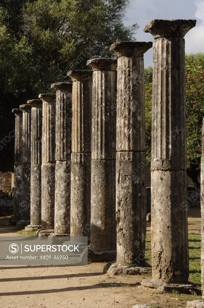 Greece. Peloponesse. Olympia. Santuary of ancient Greece in Elis. Palaestra (3rd century BC). Hellenistic Period. Ruins. Doric order. Colonnade.
