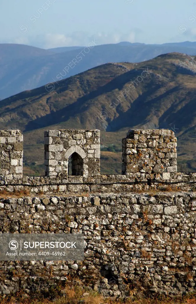 REPUBLIC OF ALBANIA. Shkodra. Detail of the Rozafa castle walls with mountainous landscape in the background.