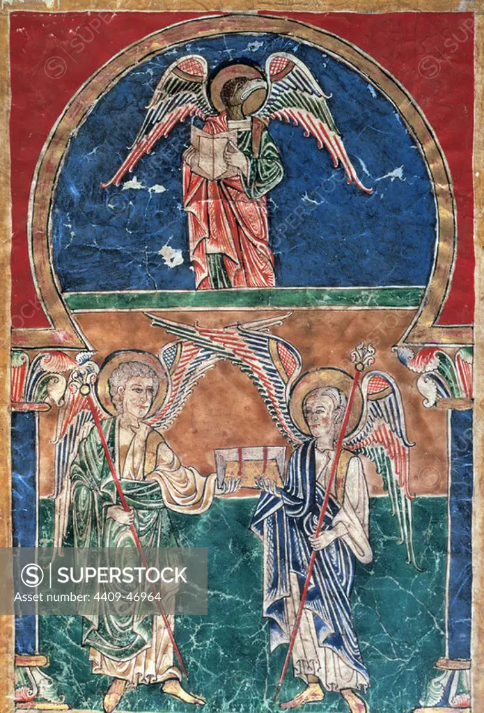 Blessed San Pedro of Cardena. 12th century. Illuminated codex of the comments made by Blessed of __Liebana in the 8th century to the Apocalypse of St. John. Miniature depicting St. John the Evangelist as an eagle with two angels holding the Gospel in their hands. Girona Art Museum. Spain.