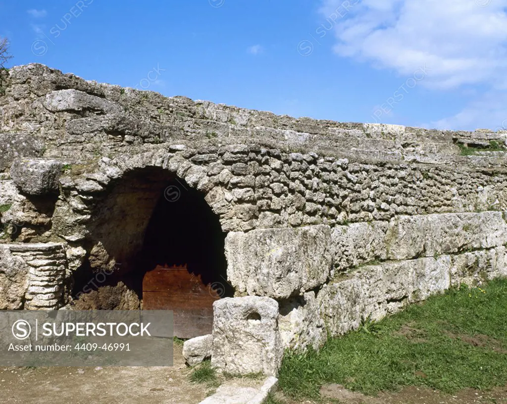 Italy. Paestum. Walls of Roman Amphitheater. 1st century B.C.. Campania. Southern Italy.