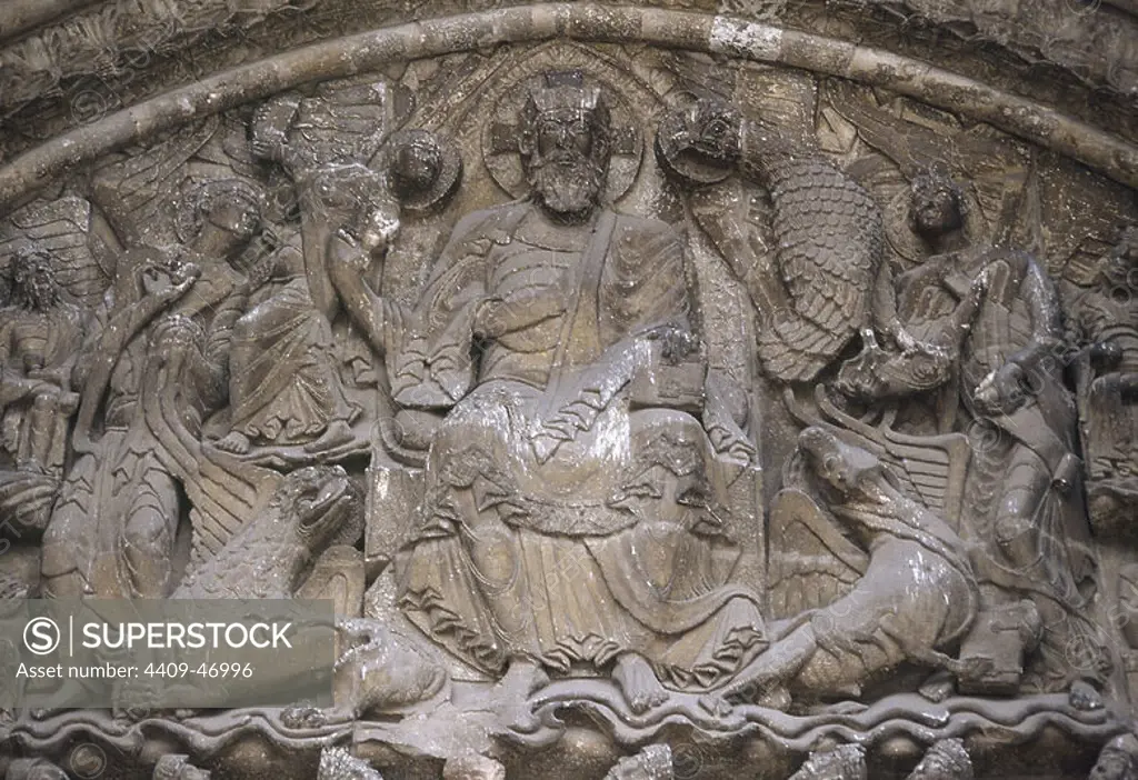 Romanesque Art. France. 12th century. Moissac Abbey. Tympanum of the south-west portico. Tetramorph and Pantocrator.