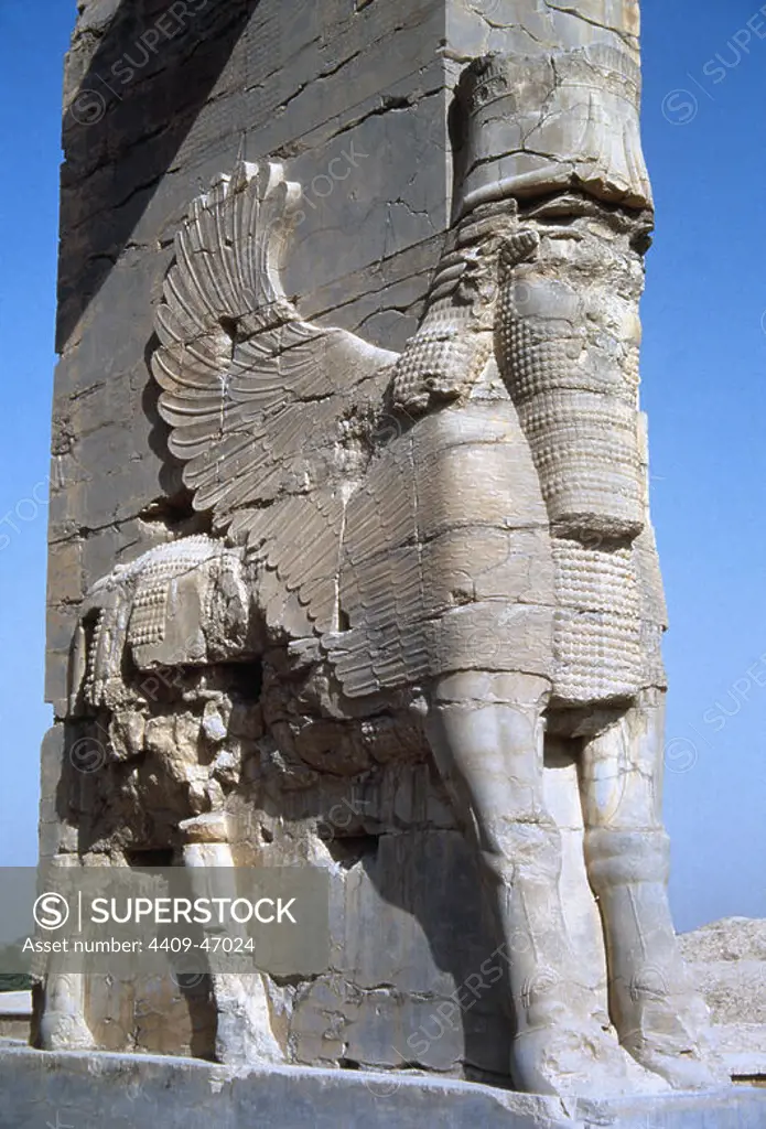 Iran. City of Persepolis. The Gate of all Nations or Xerxus Gateway. Detail Lamassu. Assyrian protective deity. Bull's body and human's head.