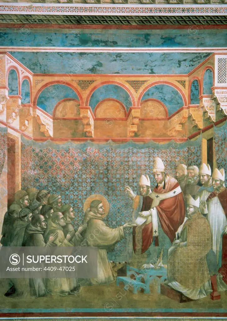 Gothic Art. Italy. Giotto di Bondone (1266/7-1337). Italian painter and architect. Pope Innocent III approving the monastic rule of St. Francis of Assisi (1296). Fresco of the Upper Church of St. Francis. Assisi. Italy.