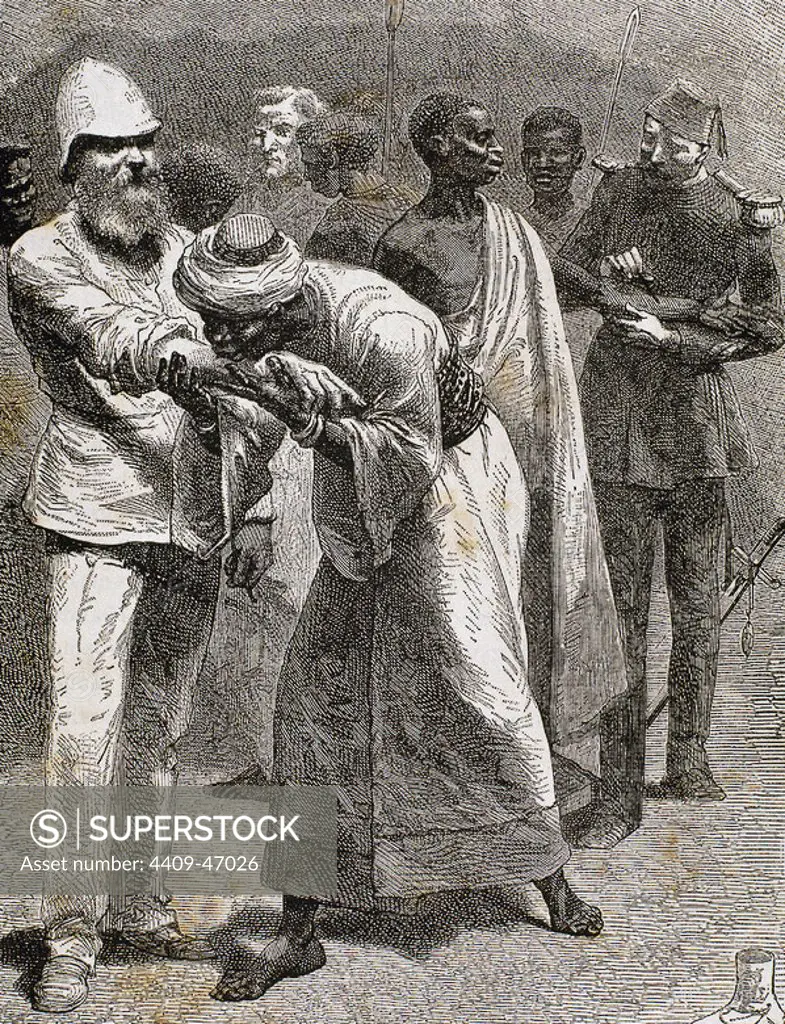 African native kissing the arm of an European settler. Engraving of 1887.