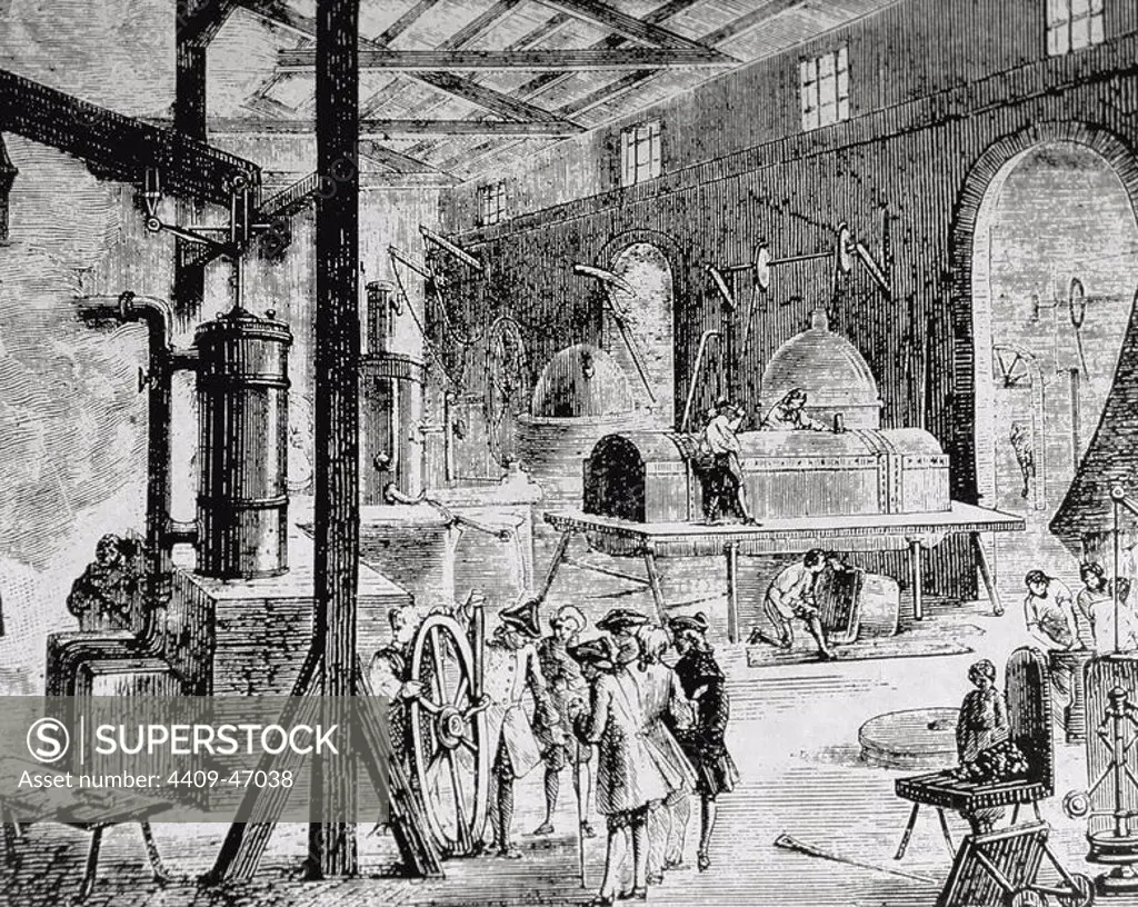 Industrial Revolution. London. Interior of an English factory. Late 18th century. Nineteenth-century.