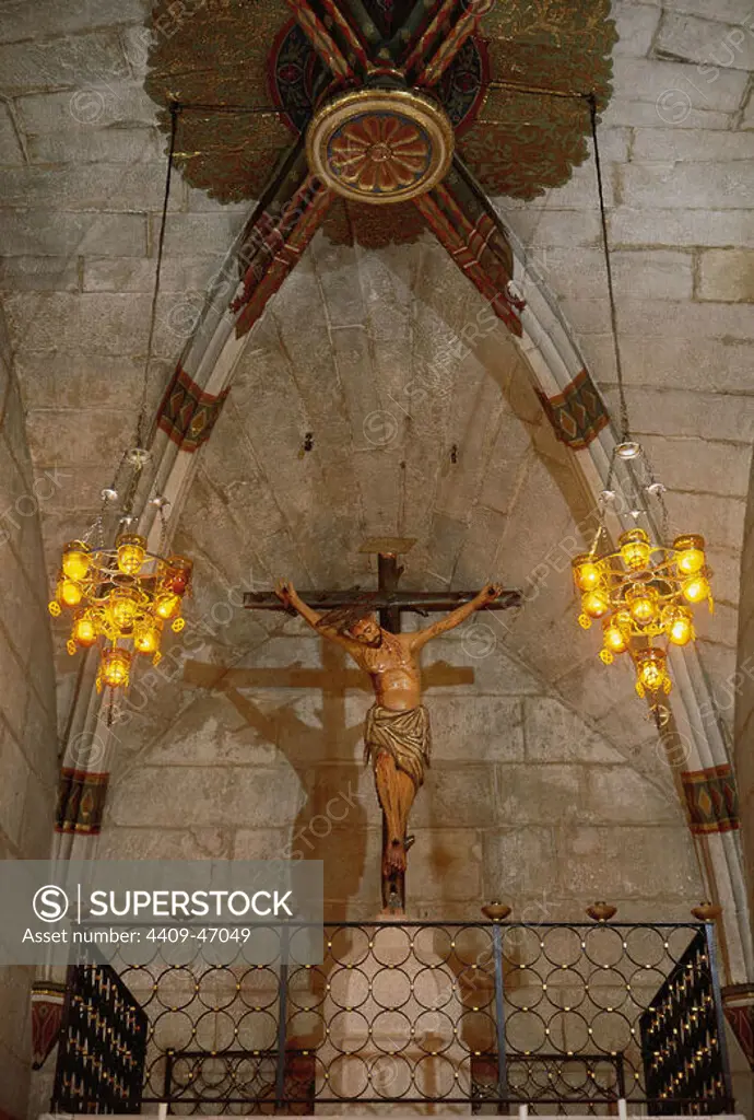 Crucified Christ. Gothic. Polychrome wood. Church of Virgin Mary. Verdu. Catalonia, Spain.